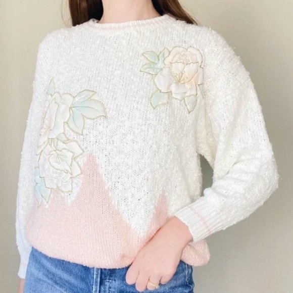 Jaclyn Smith VTG Knit Sweater Women's Large Beaded Floral Cream Pink Long Sleeve - Picture 1 of 16